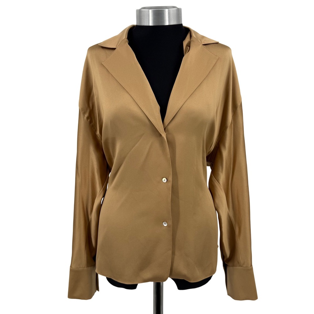 Vince Shirt Womens Large Bronze Tan Silk Tie Back Button Down NEW Luxury $365